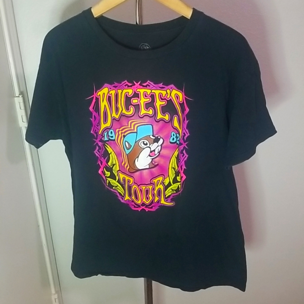 Buc-ee's Tshirt Black Neon Size Large 1982 Tour Front and Back Print